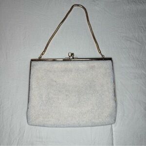 Vintage White and Gold Hand Beaded Evening Bag Gold Handle & Frame Made In Japan